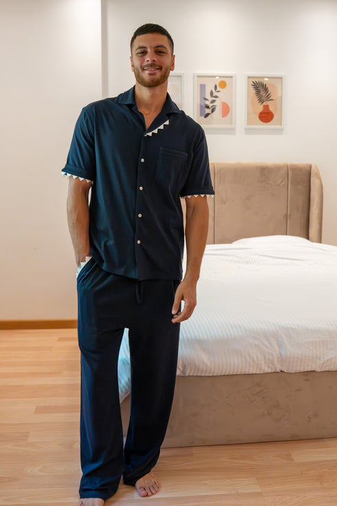 Men Summer Pajama Set Navy Shark Buttoned Tee + Pants